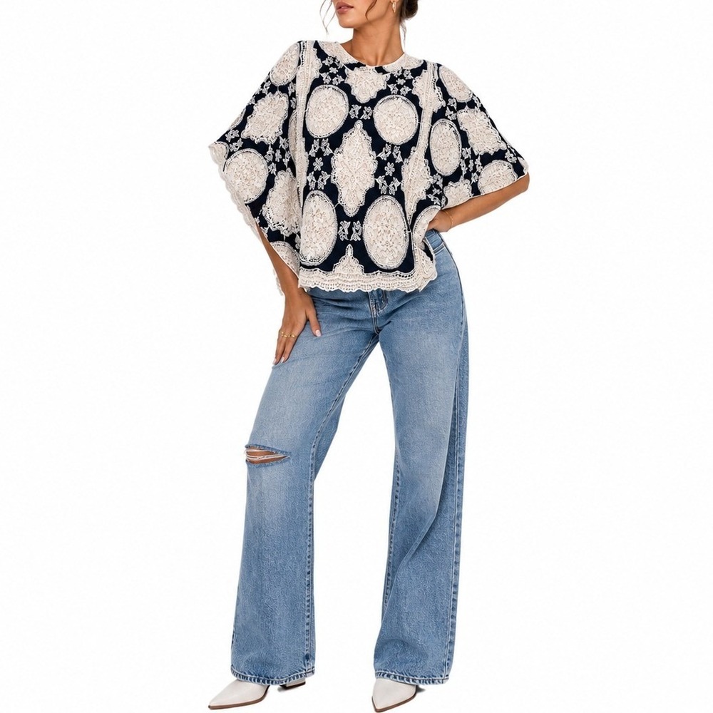 Lapis Navy Blue and Cream Crochet Lace Poncho Sweater